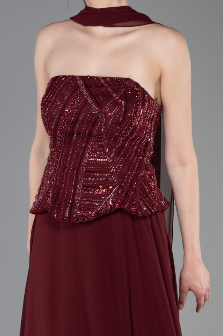 Robe de Soirée Longue Mousseline Rouge Bordeaux ABU6150