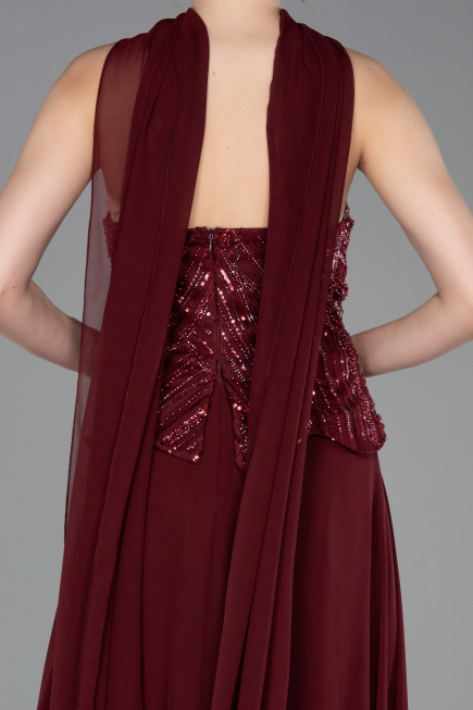 Robe de Soirée Longue Mousseline Rouge Bordeaux ABU6150