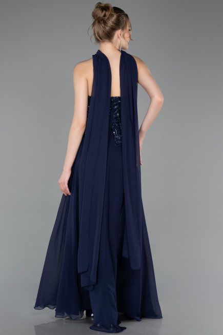 Robe de Soirée Longue Mousseline Bleu Marine ABU6150