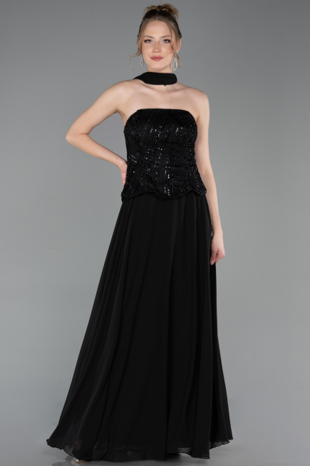 Robe de Soirée Longue Mousseline Noir ABU6150
