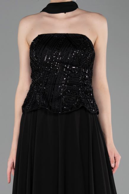 Robe de Soirée Longue Mousseline Noir ABU6150
