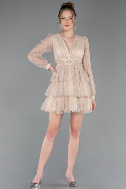 Robe de Cérémonie Courte Dantelle Beige ABK2623
