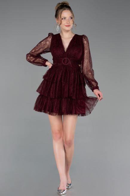 Robe de Cérémonie Courte Dantelle Rouge Bordeaux ABK2623