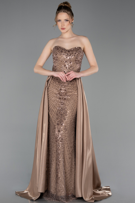 Robe de Soirée Longue Perlé Cappuccino ABU6125