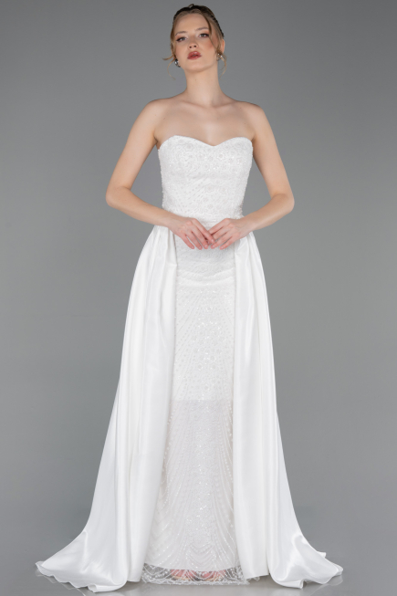 Robe de Soirée Longue Perlé Blanc ABU6125