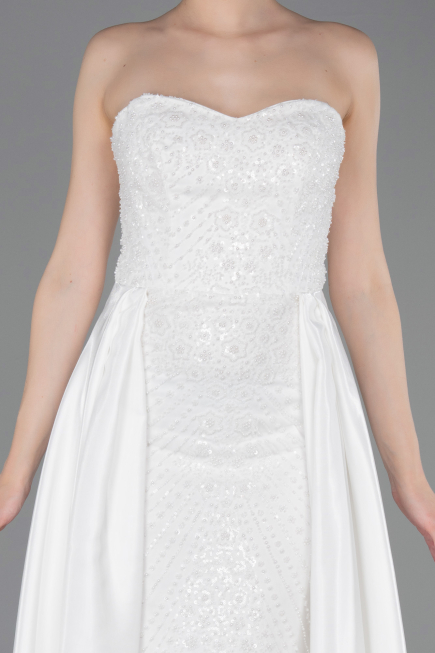 Robe de Soirée Longue Perlé Blanc ABU6125
