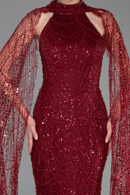 Robe de Soirée Longue Perlé Rouge Bordeaux ABU6154