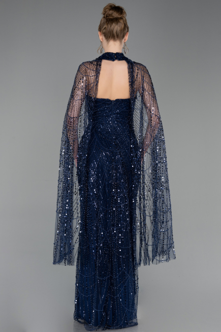 Robe de Soirée Longue Perlé Bleu Marine ABU6154