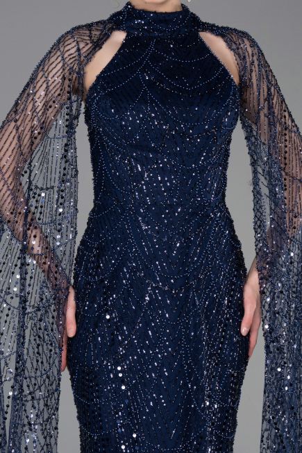 Robe de Soirée Longue Perlé Bleu Marine ABU6154