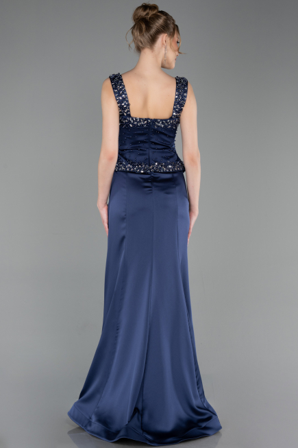 Robe Queue de Poisson Longue Satin Bleu Marine ABU6155