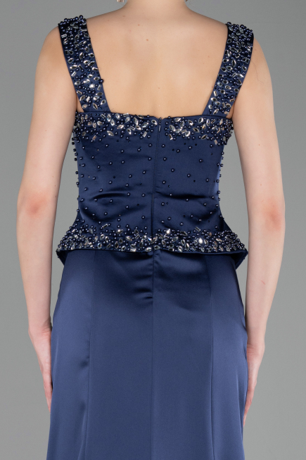 Robe Queue de Poisson Longue Satin Bleu Marine ABU6155