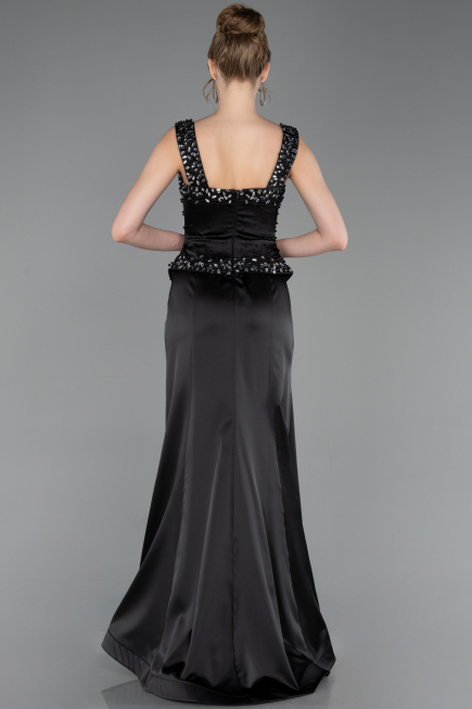 Robe Queue de Poisson Longue Satin Noir ABU6155
