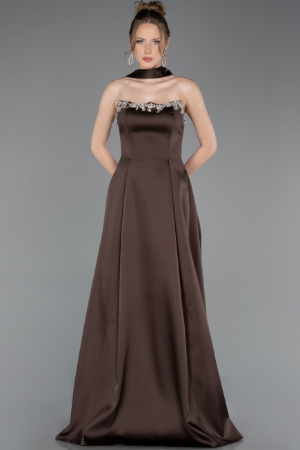Robe de Soirée Longue Satin Brun ABU6156