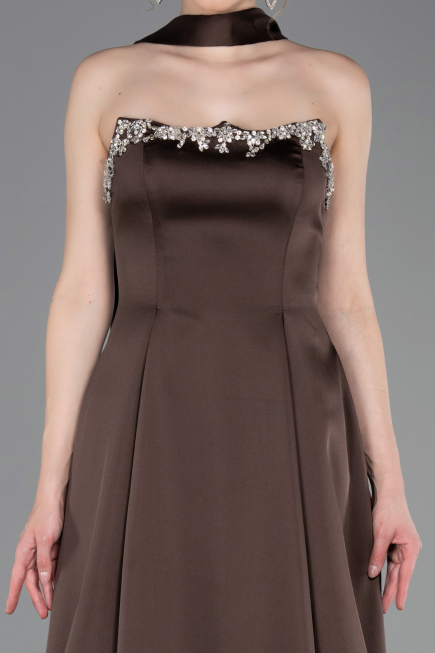 Robe de Soirée Longue Satin Brun ABU6156