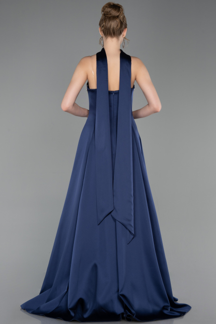 Robe de Soirée Longue Satin Bleu Marine ABU6156