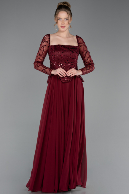 Robe de Soirée Longue Mousseline Rouge Bordeaux ABU6157