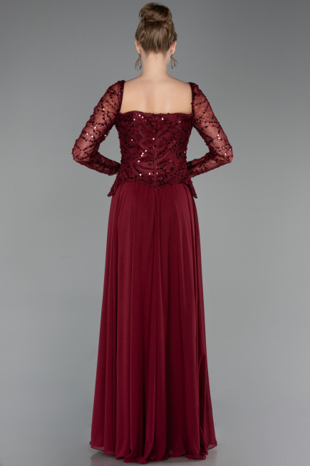 Robe de Soirée Longue Mousseline Rouge Bordeaux ABU6157