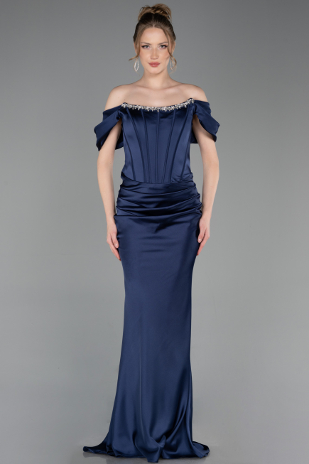 Robe Queue de Poisson Longue Satin Bleu Marine ABU6090