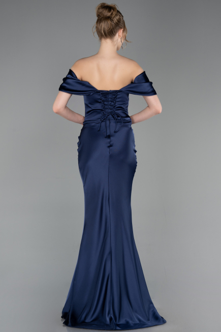 Robe Queue de Poisson Longue Satin Bleu Marine ABU6090