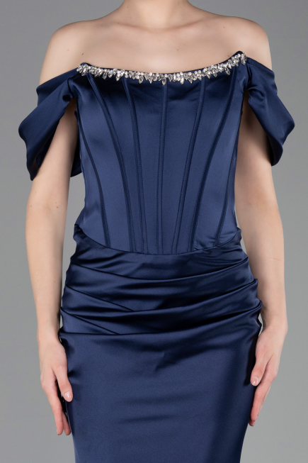 Robe Queue de Poisson Longue Satin Bleu Marine ABU6090