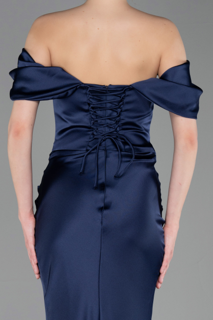 Robe Queue de Poisson Longue Satin Bleu Marine ABU6090