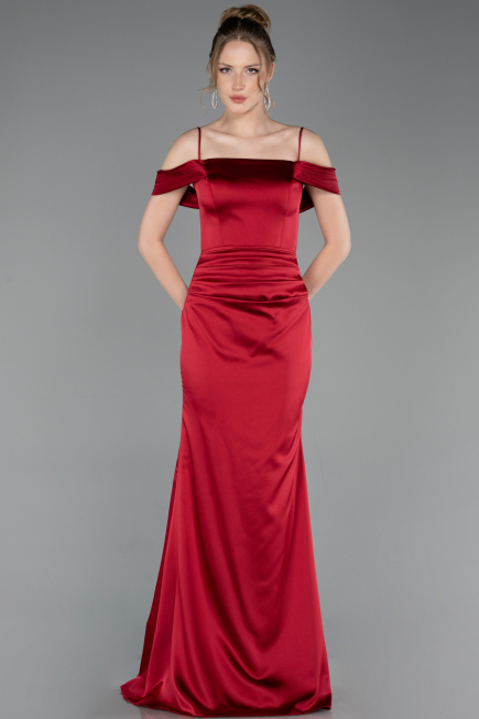 Robe de Soirée Longue Satin Rouge Bordeaux ABU6158