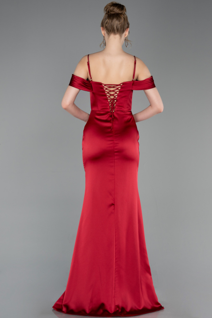 Robe de Soirée Longue Satin Rouge Bordeaux ABU6158