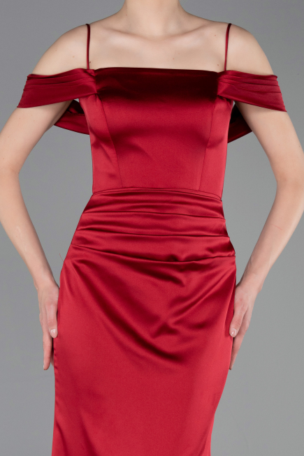 Robe de Soirée Longue Satin Rouge Bordeaux ABU6158