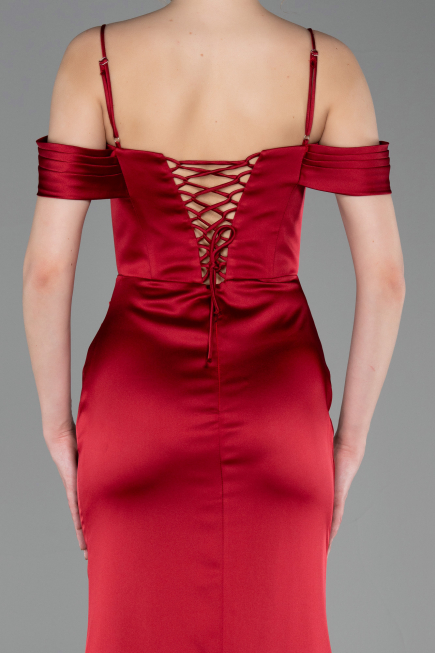 Robe de Soirée Longue Satin Rouge Bordeaux ABU6158
