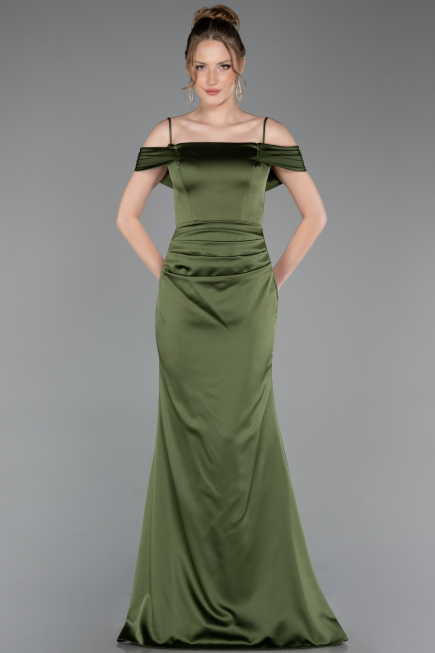 Robe de Soirée Longue Satin Kaki ABU6158