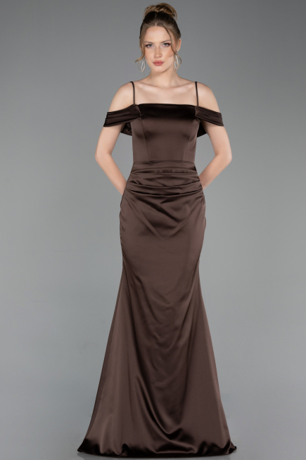Robe de Soirée Longue Satin Brun ABU6158