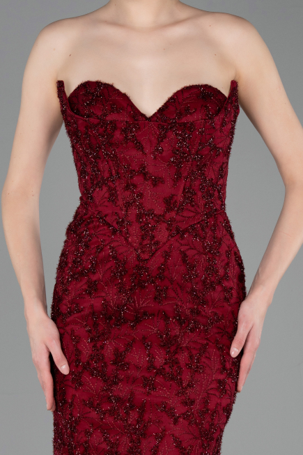 Robe de Soirée Longue Lacé Rouge Bordeaux ABU6159