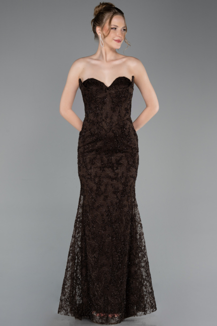 Robe de Soirée Longue Lacé Brun ABU6159