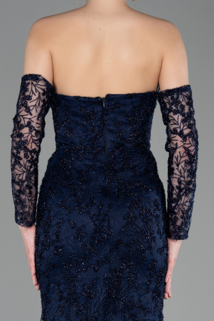 Robe de Soirée Longue Lacé Bleu Marine ABU6159