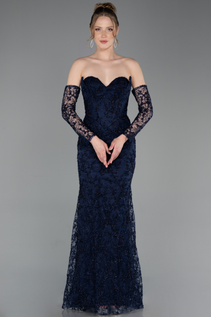 Robe de Soirée Longue Lacé Bleu Marine ABU6159
