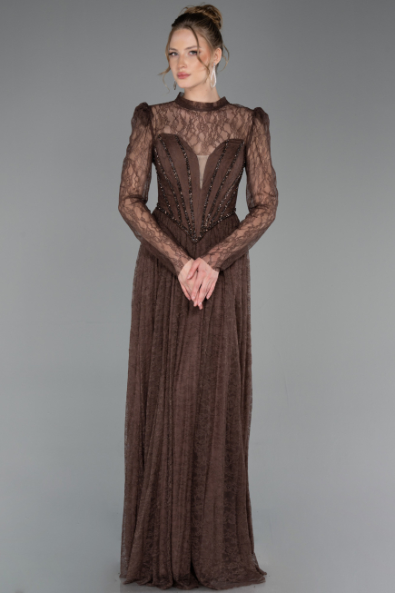 Robe de Soirée Longue Dantelle Brun ABU6160