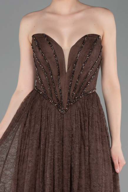Robe de Soirée Longue Dantelle Brun ABU6160