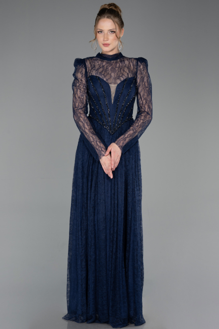 Robe de Soirée Longue Dantelle Bleu Marine ABU6160