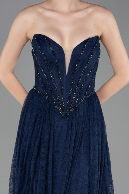 Robe de Soirée Longue Dantelle Bleu Marine ABU6160