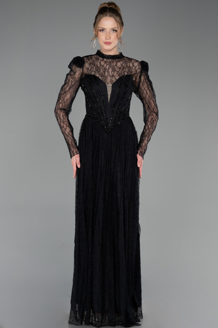 Robe de Soirée Longue Dantelle Noir ABU6160