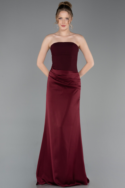 Robe de Soirée Longue Satin Rouge Bordeaux ABU6096