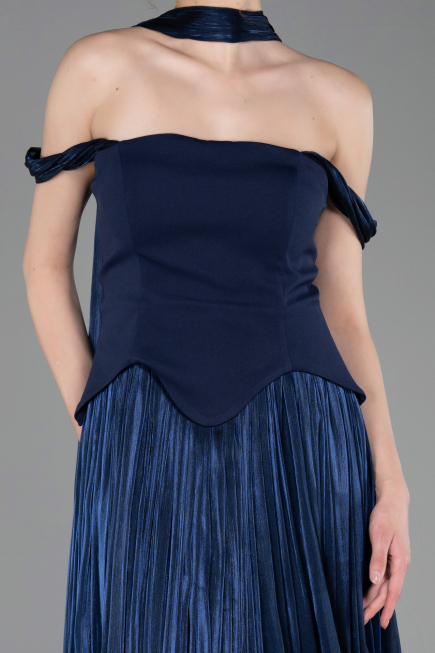 Robe de Cérémonie Midi Mousseline Bleu Marine ABK2619
