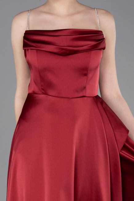 Robe de Soirée Longue Satin Rouge Bordeaux ABU6130