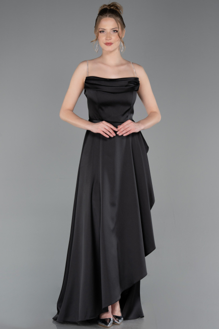 Robe de Soirée Longue Satin Noir ABU6130