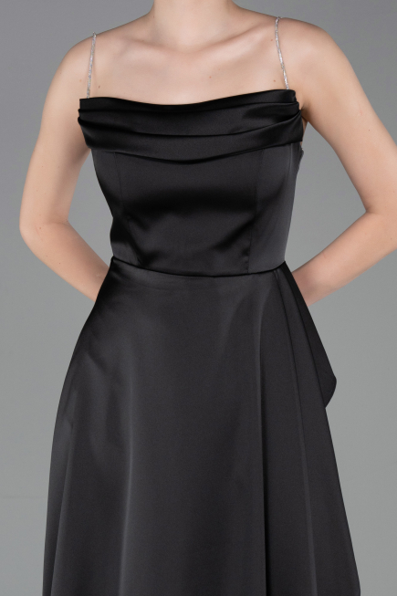 Robe de Soirée Longue Satin Noir ABU6130