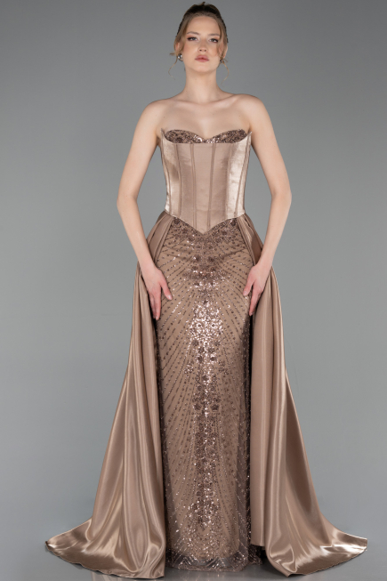 Robe de Soirée Longue Perlé Cappuccino ABU6125