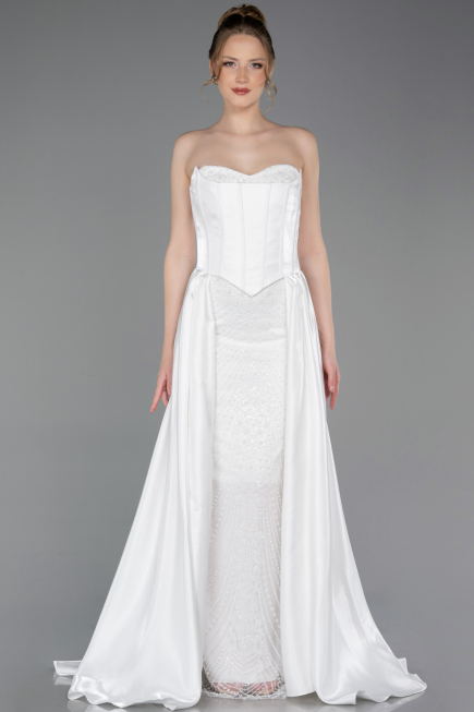 Robe de Soirée Longue Perlé Blanc ABU6125