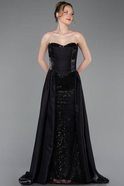 Robe de Soirée Longue Perlé Noir ABU6125