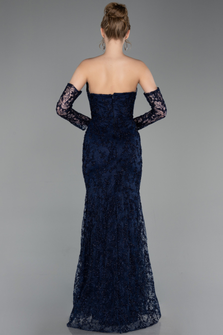 Robe de Soirée Longue Lacé Bleu Marine ABU6159