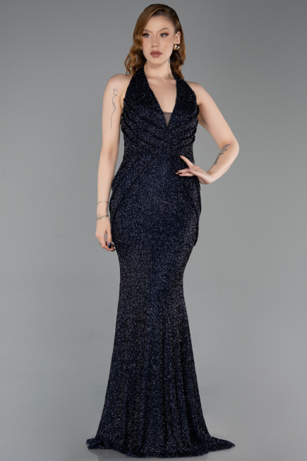 Robe Queue de Poisson Longue Perlé Bleu Marine ABU6165